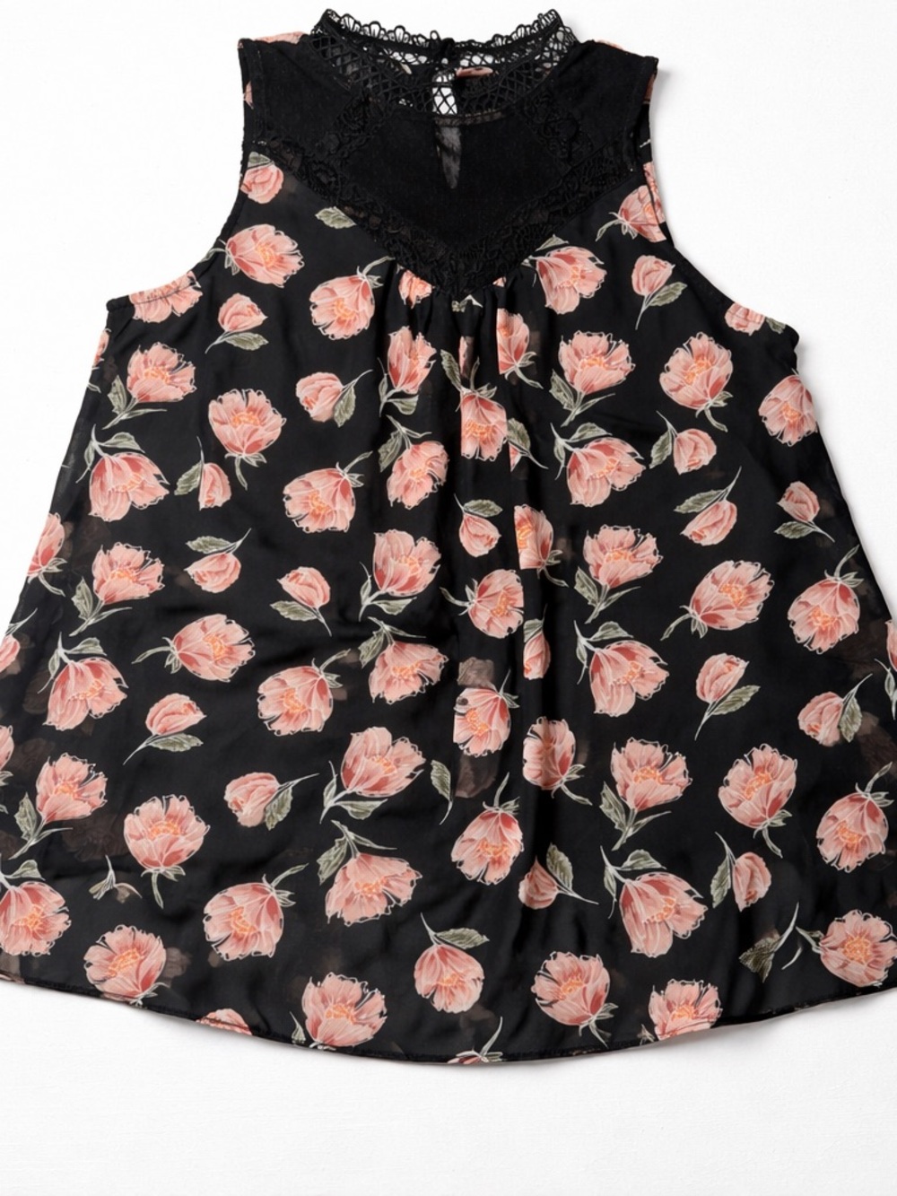IZ‎ Byer Black Floral Lace Neck Blouse XL Flowy Sleeveless